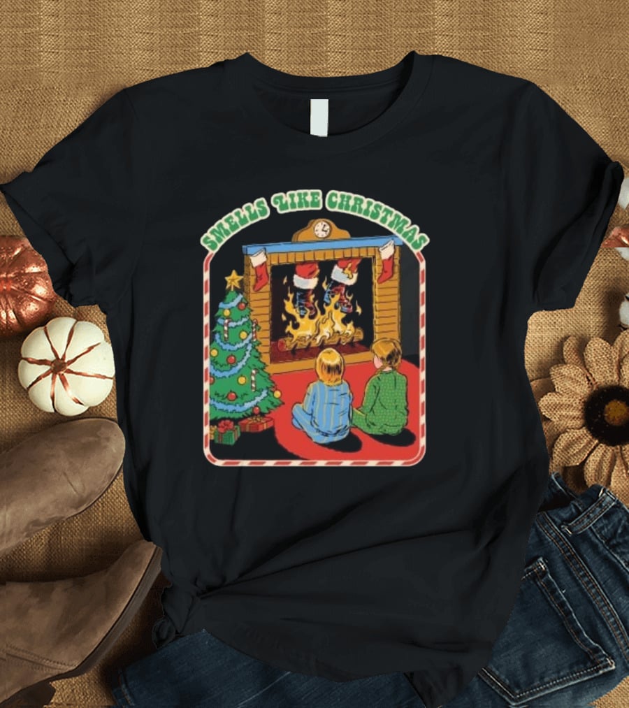 Smells Like Christmas By The Fireplace With Christmas Tree And Stockings T-Shirt