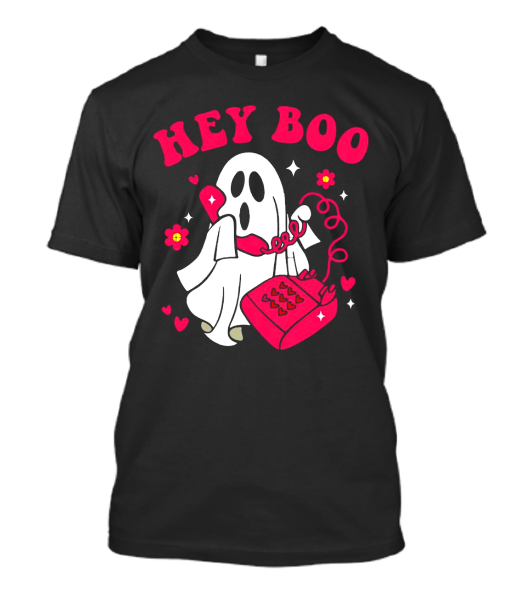 Hey Boo Ghost Talking On Pink Phone With Hearts And Flowers Halloween T-Shirt