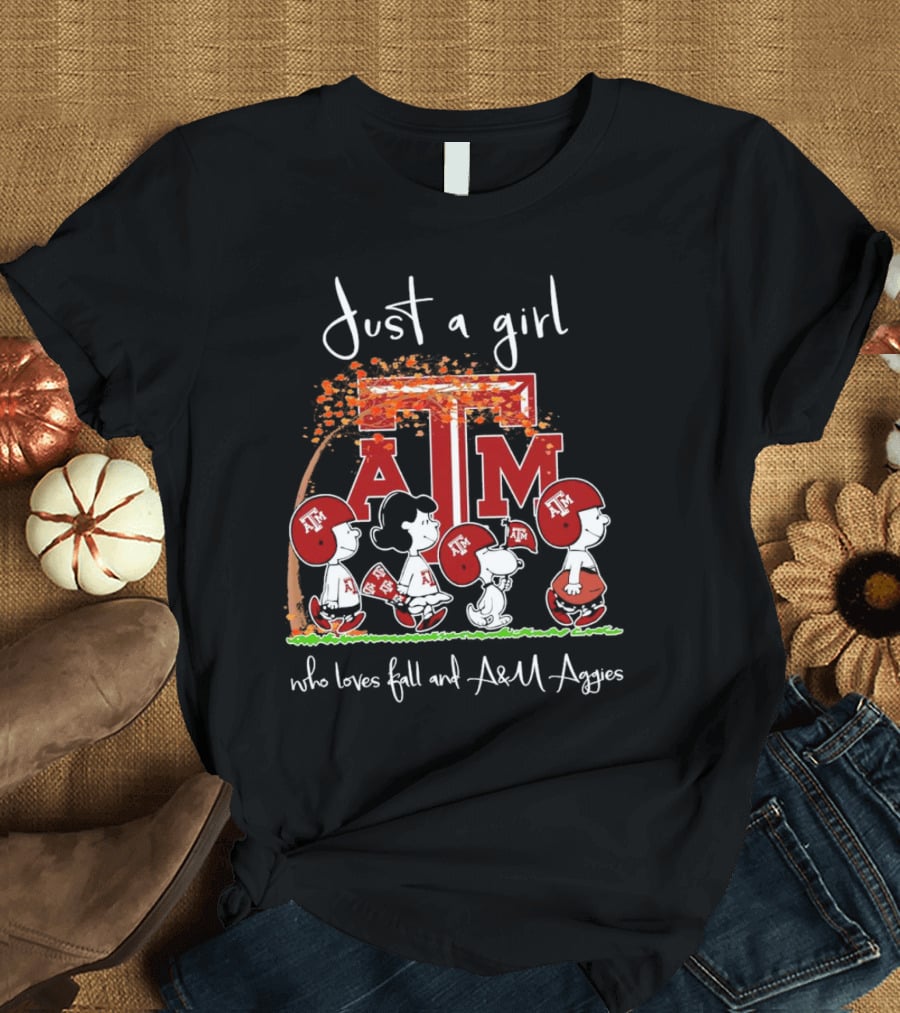 Just A Girl Who Loves Fall And Texas A&M Aggies With Peanuts Characters T-Shirt