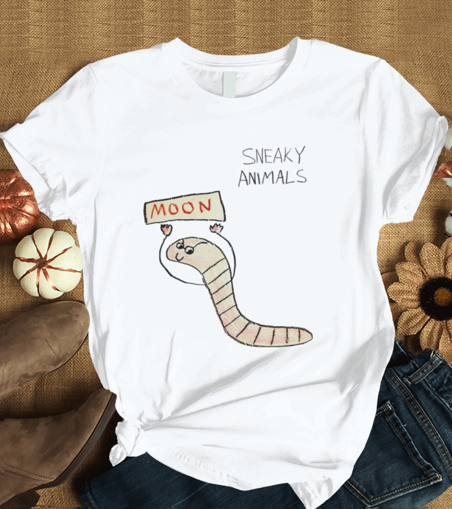 Sneaky Animals Moon Worm Holding Sign T-Shirt