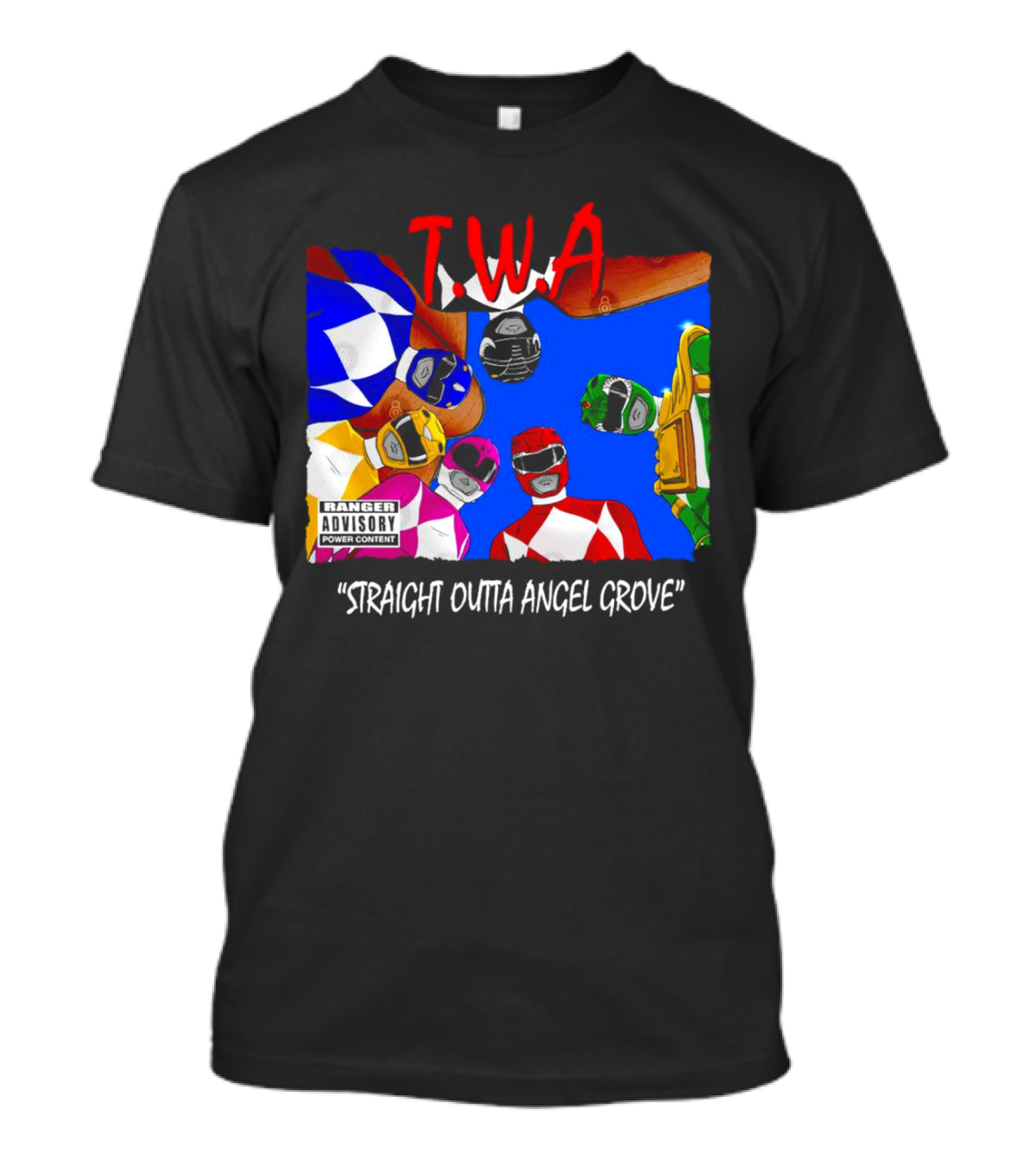 T.W.A Mighty Morphin Power Rangers Straight Outta Angel Grove Ranger Advisory Power Content T-Shirt