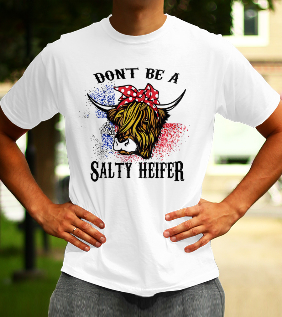 Don't Be A Salty Heifer Highland Cow With American Flag Colors T-Shirt