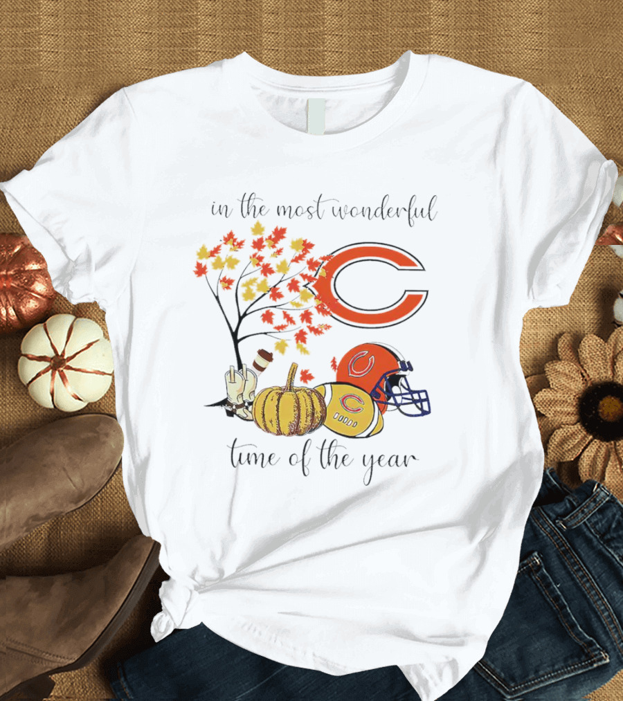 In The Most Wonderful Time Of The Year Chicago Bears Thanksgiving Helmets And Autumn Leaves T-Shirt
