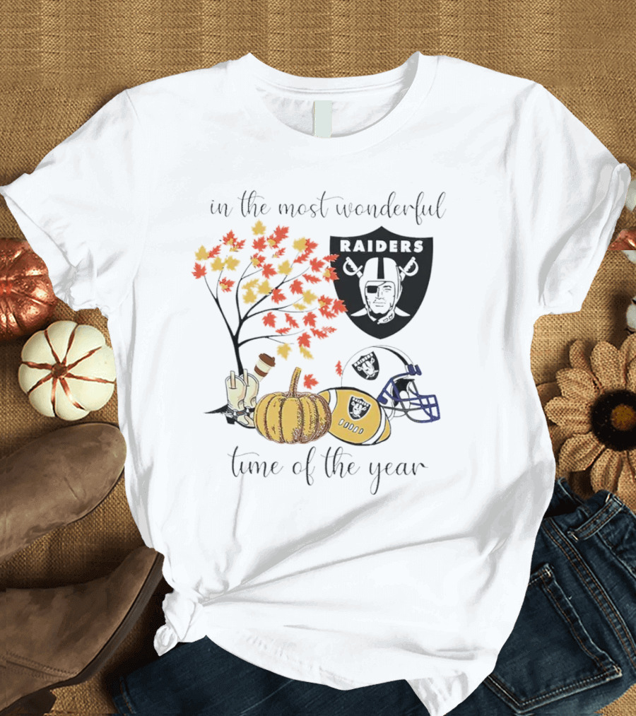 In The Most Wonderful Time Of The Year Raiders Football Thanksgiving Celebration With Autumn Leaves And Pumpkin T-Shirt