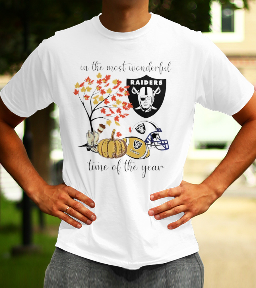 In The Most Wonderful Time Of The Year Raiders Football Thanksgiving Celebration With Autumn Leaves And Pumpkin T-Shirt