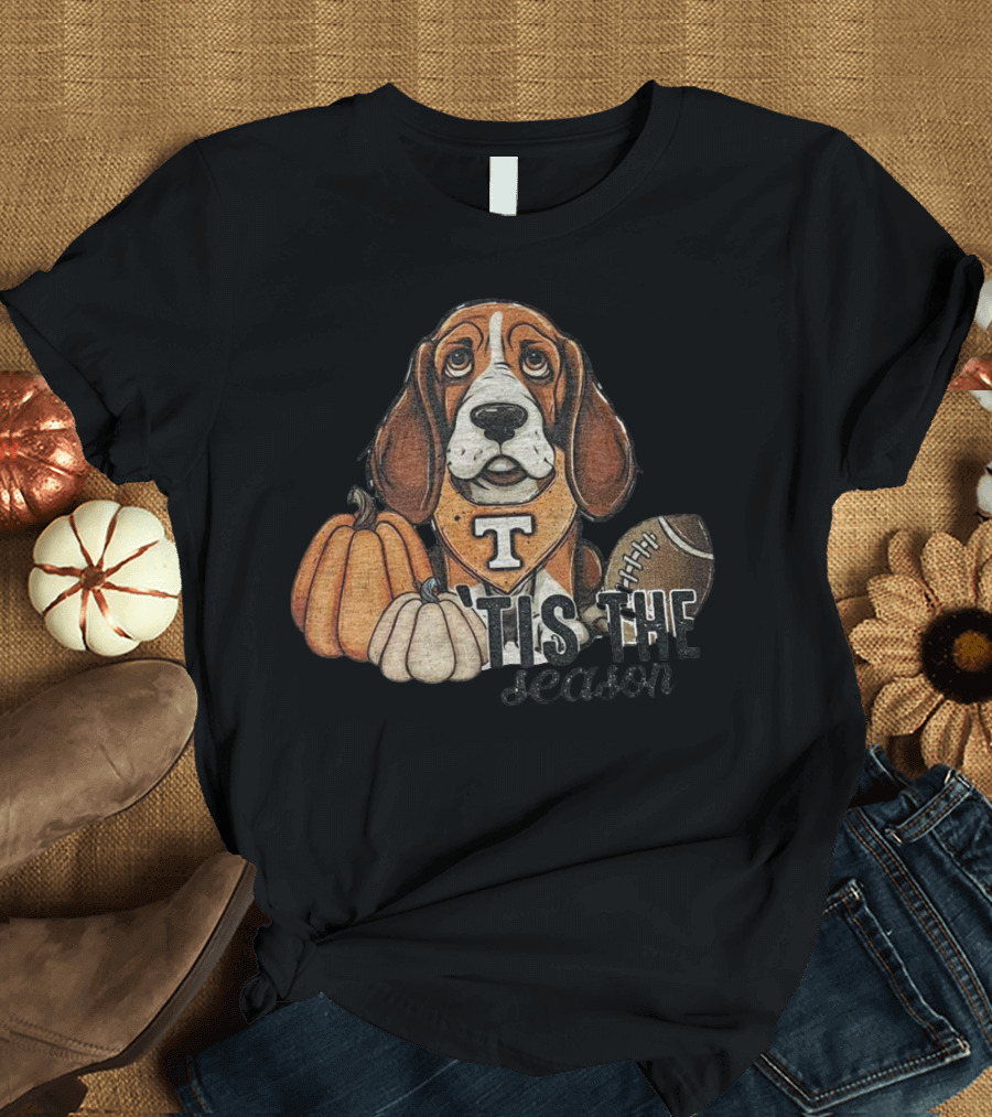 Tennessee Volunteers Football Dog With Pumpkins ’Tis The Season T-Shirt