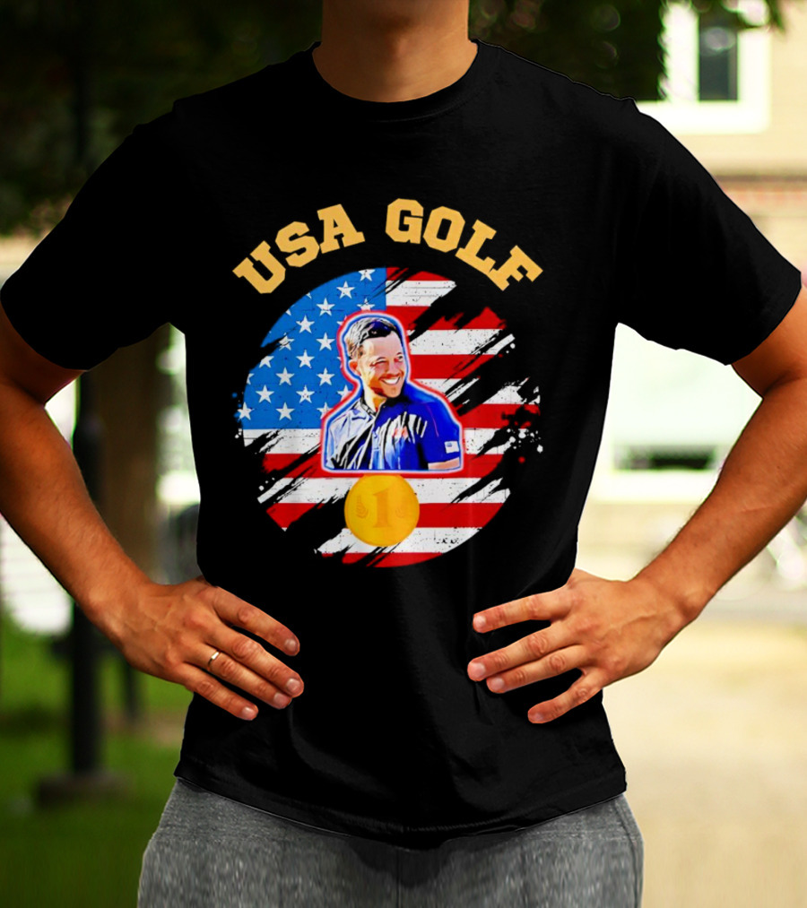 USA Golf Xander Schauffele USA Flag Gold Medal T-Shirt