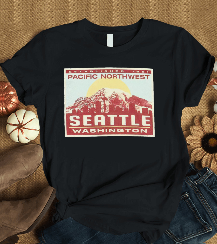 Seattle Pacific Northwest Established 1851 Washington Skyline Ferris Wheel Sun Mountain T-Shirt