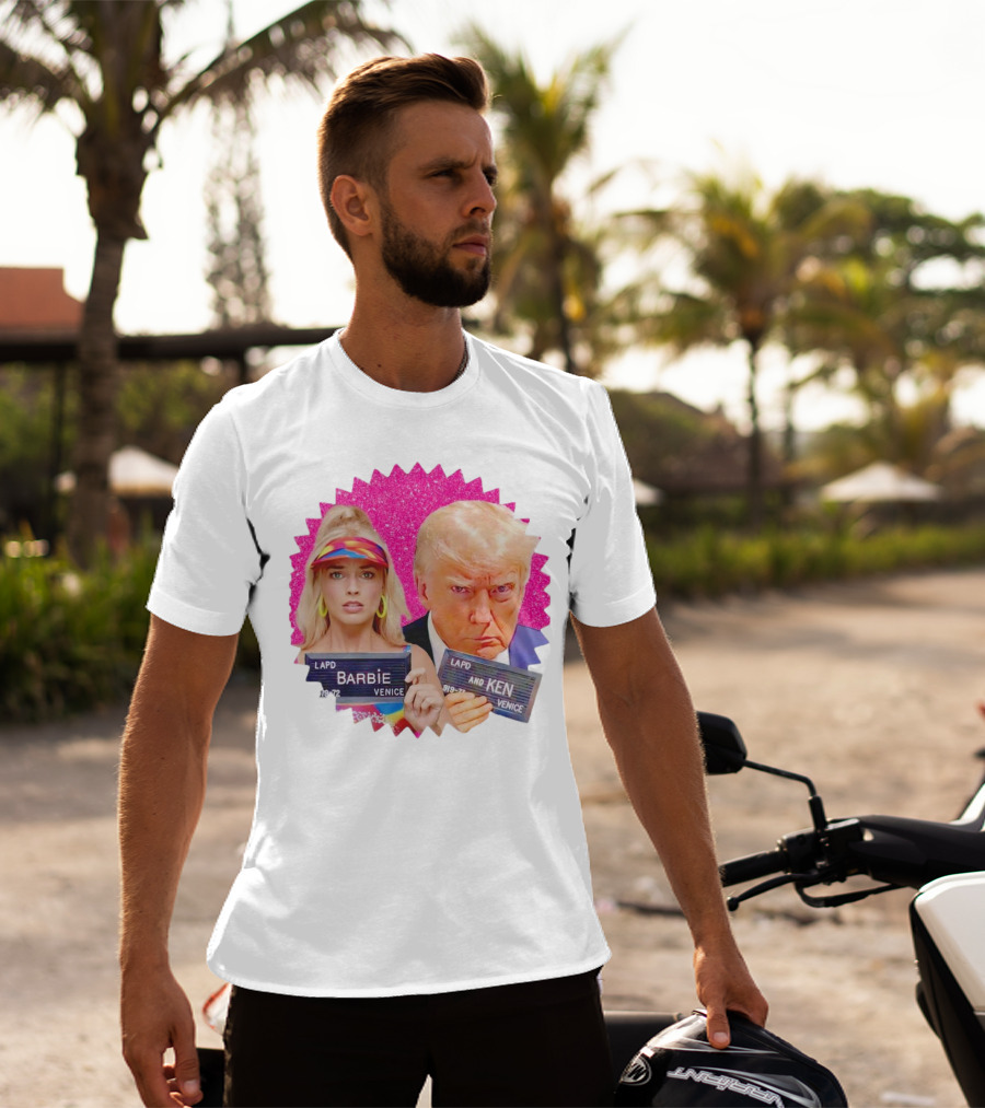 LAPD Barbie Ken Mugshot Venice Glam Glitter Background T-Shirt