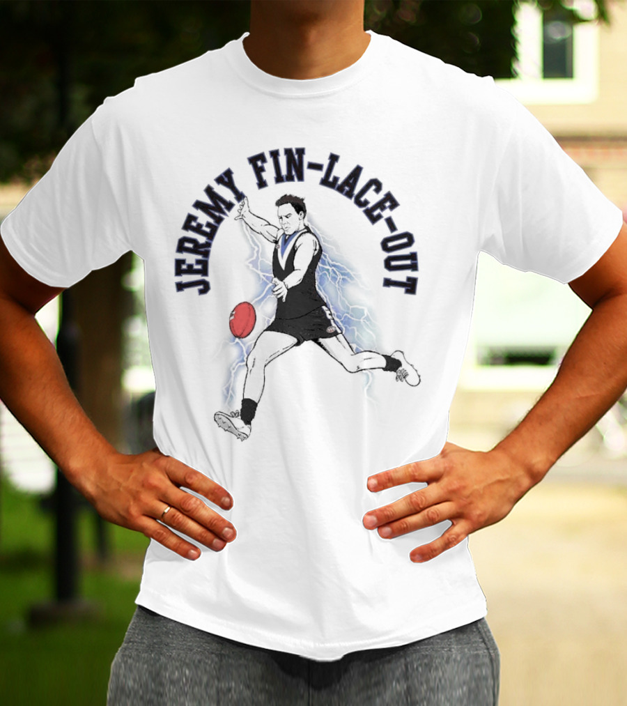 Jeremy Fin-lace-out AFL Kicking Action With Blue Lightning And Red Football T-Shirt