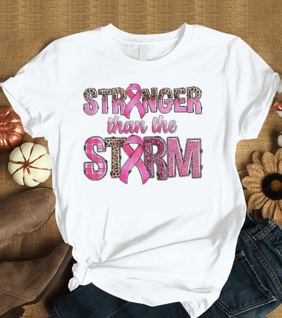 Stronger Than The Storm Breast Cancer Awareness Pink Ribbon Leopard Zebra Print T-Shirt