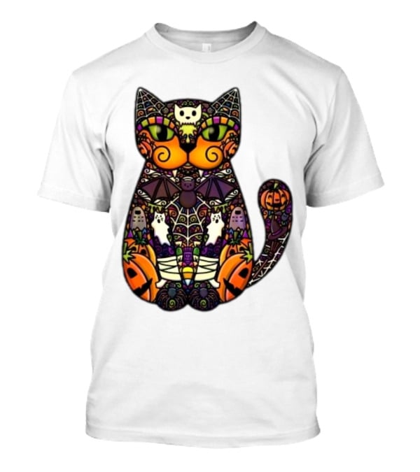 Halloween Cat With Pumpkins Ghosts And Bats T-Shirt