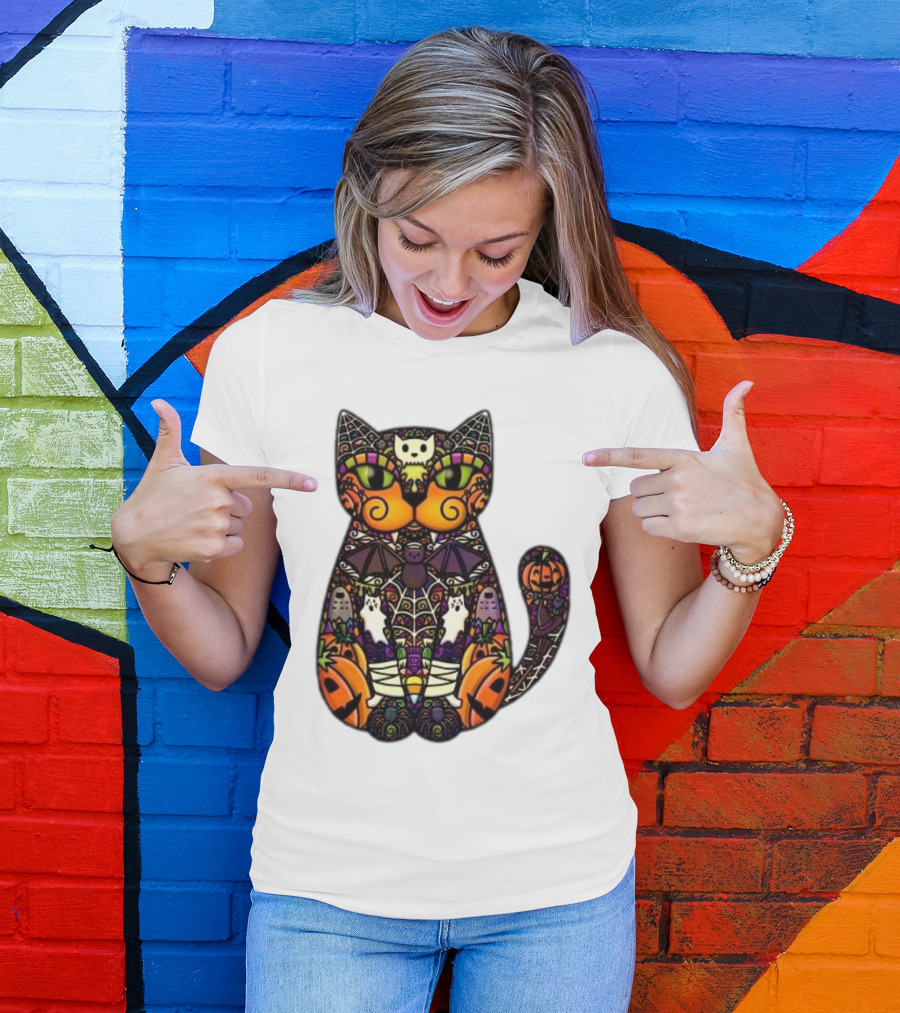 Halloween Cat With Pumpkins Ghosts And Bats T-Shirt