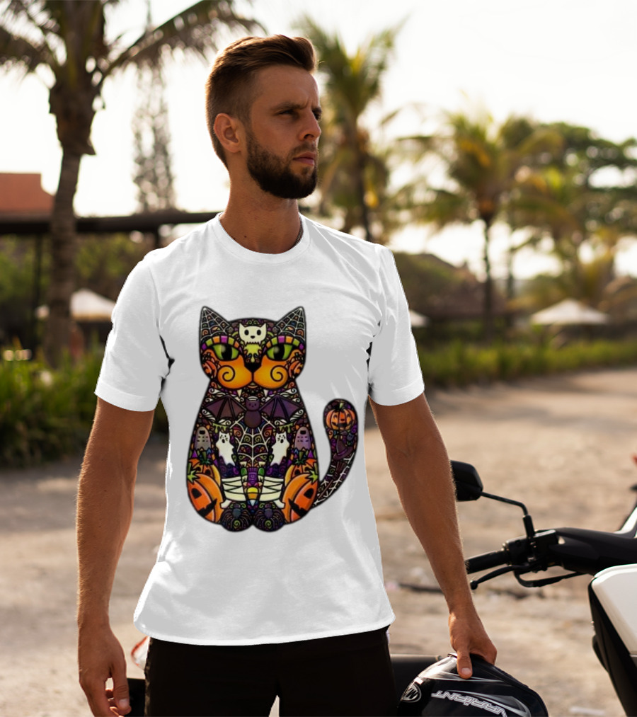 Halloween Cat With Pumpkins Ghosts And Bats T-Shirt