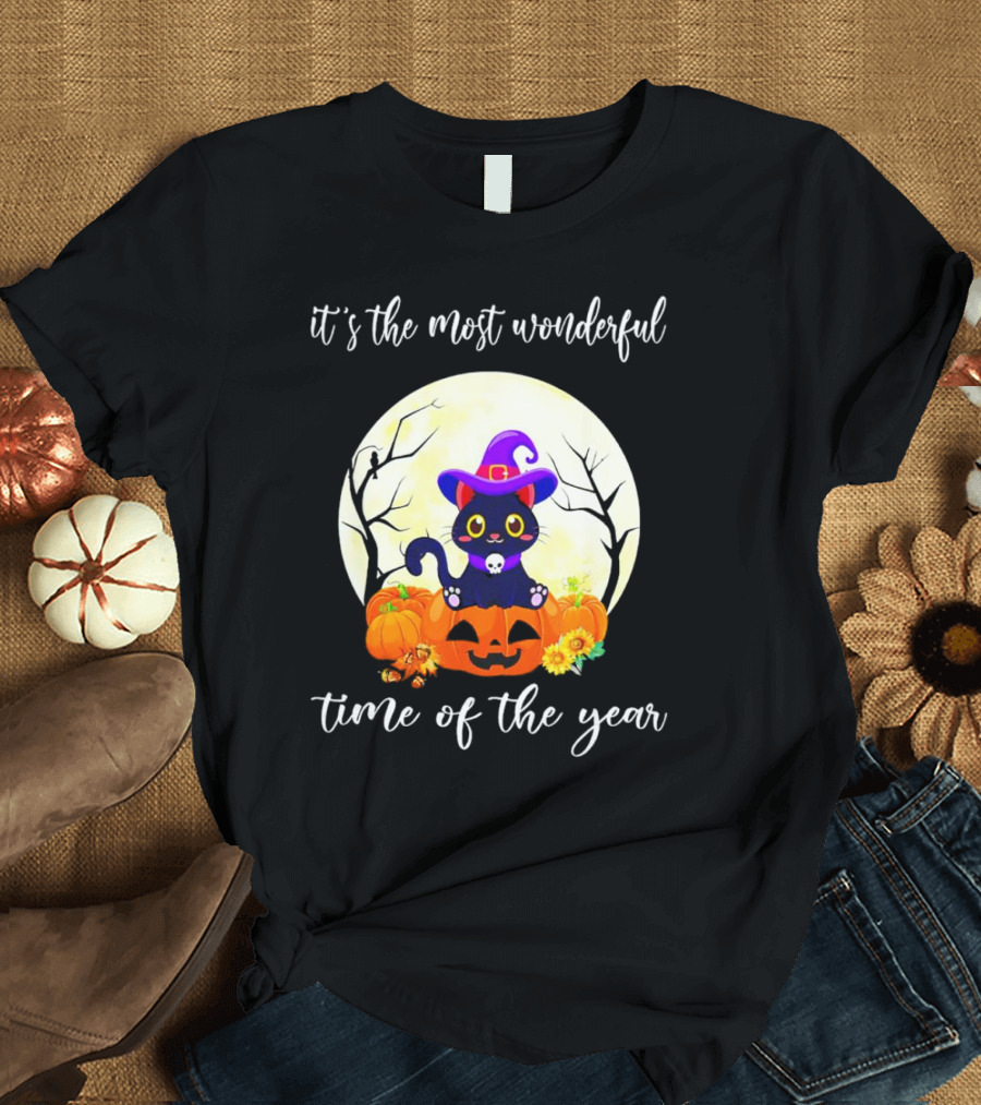 It’s The Most Wonderful Time Of The Year Cat Witch Halloween Pumpkin Moon T-Shirt