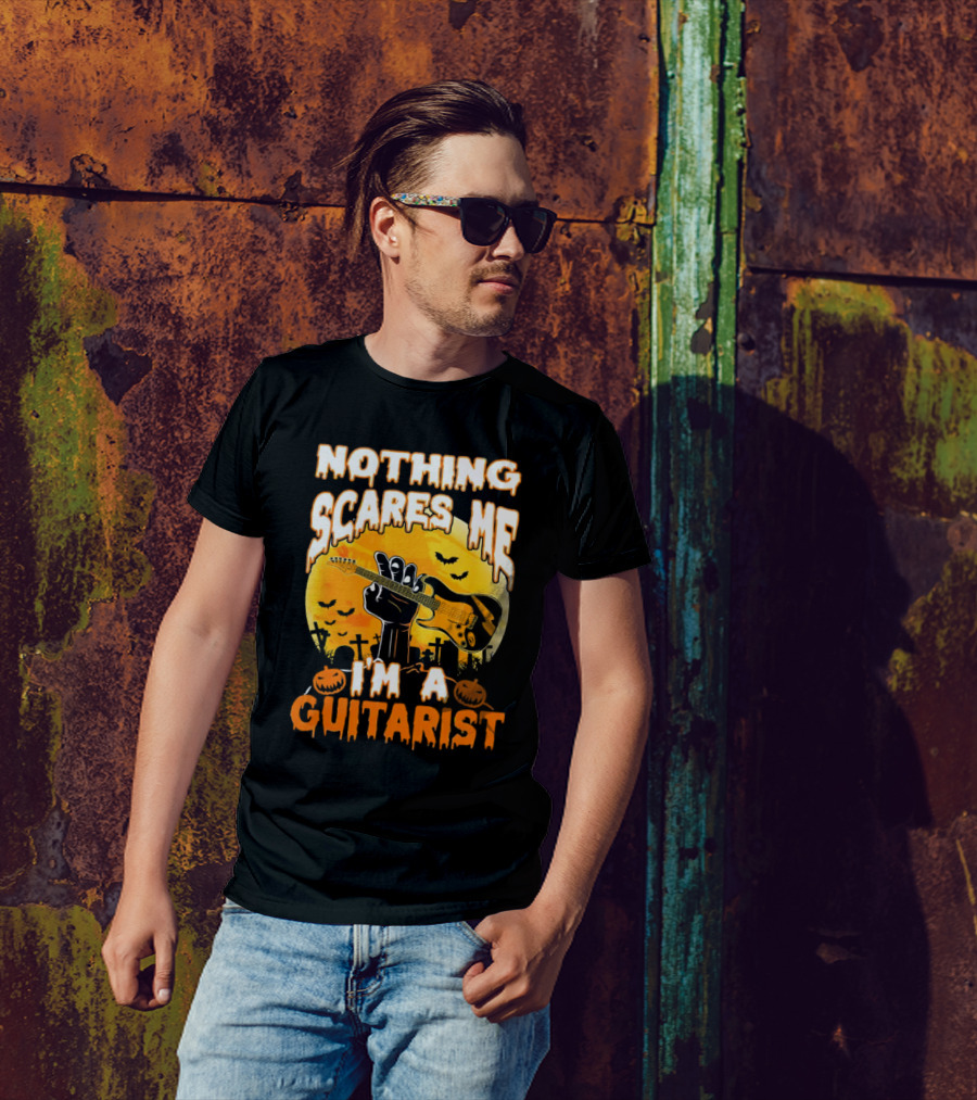 Nothing Scares Me I'm A Guitarist Music Vintage Halloween Graveyard Scene Guitar Hand Pumpkins Bats T-Shirt