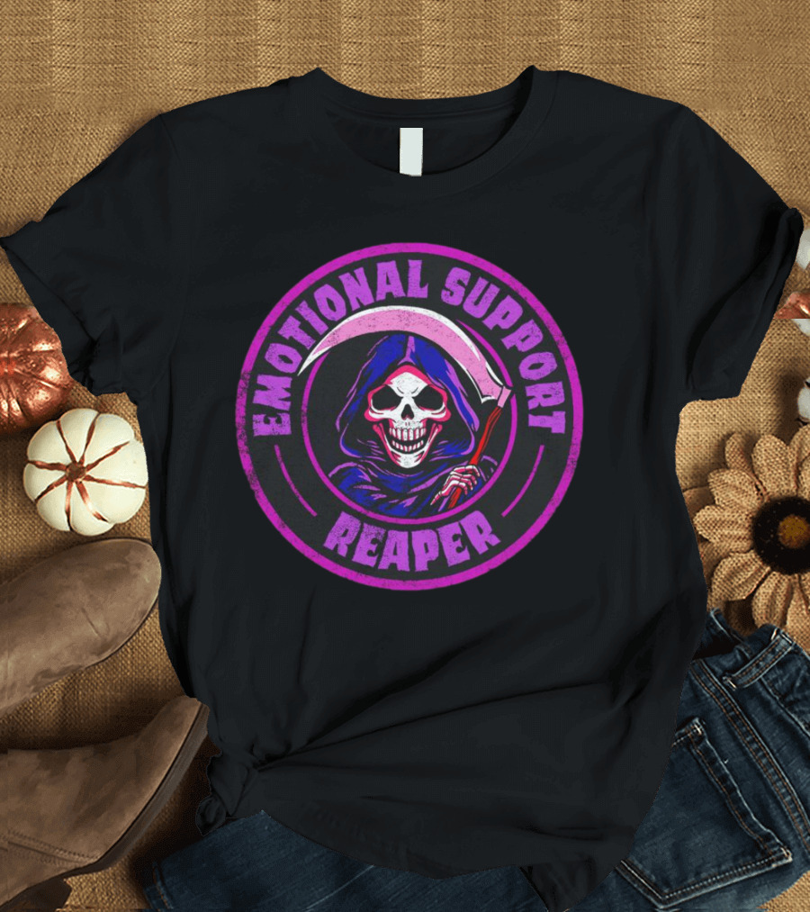 Emotional Support Reaper Skeleton With Scythe In Purple Hood T-Shirt