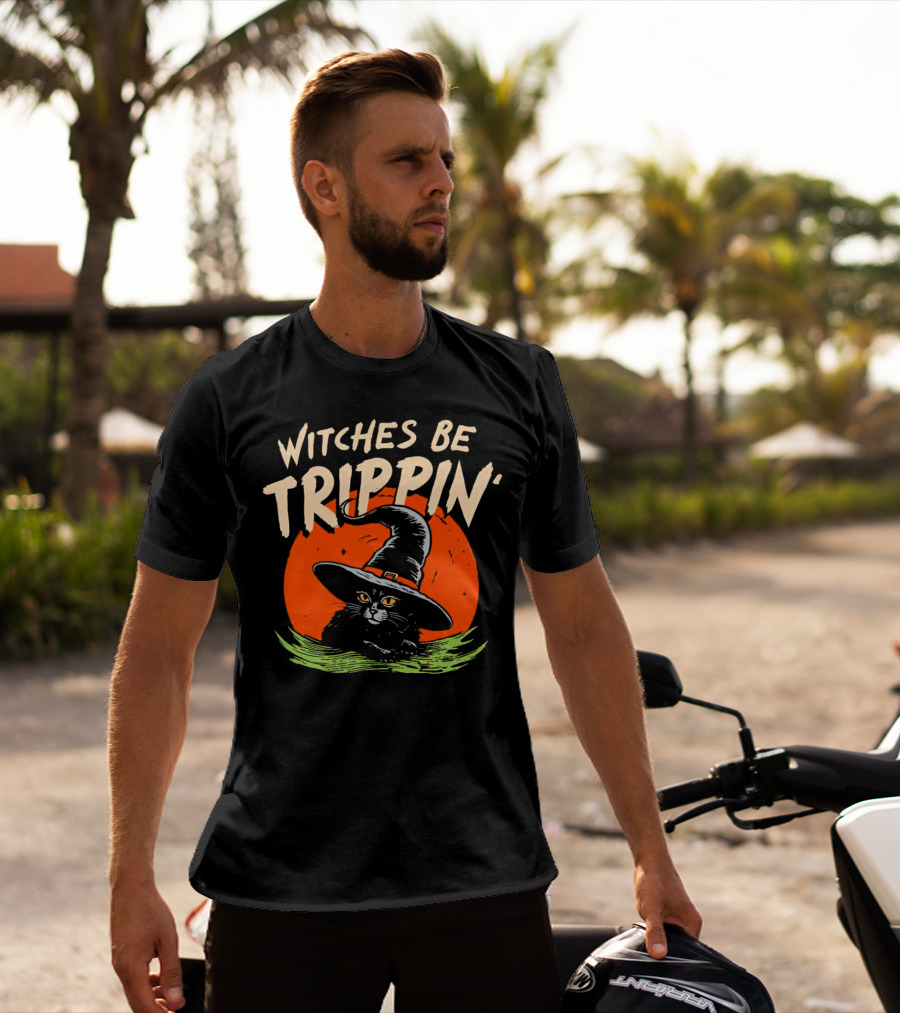 Witches Be Trippin’ Cat With Witch Hat And Red Moon Halloween T-Shirt