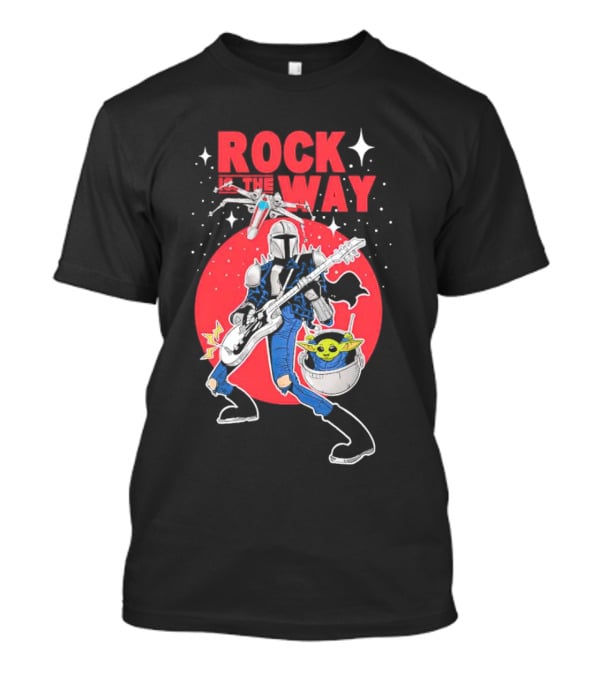 Rock Is The Way Din Djarin And Grogu Playing Guitar In Front Of Red Moon T-Shirt