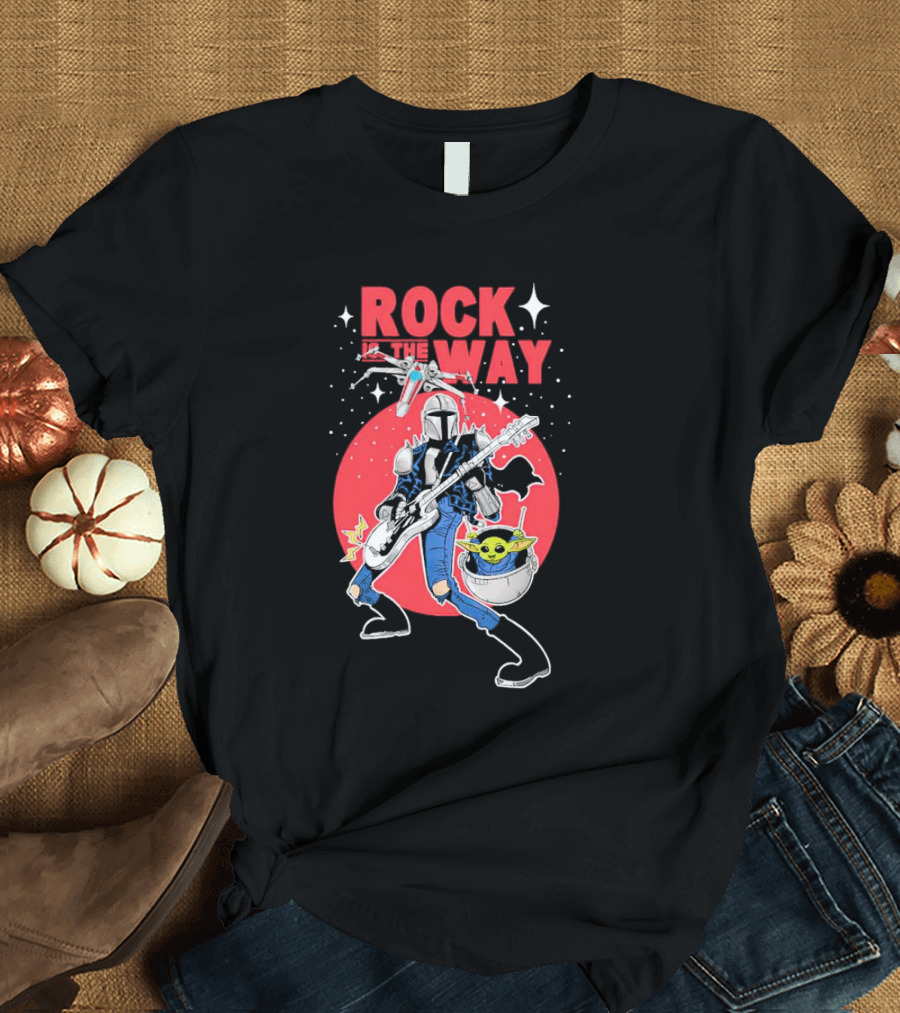Rock Is The Way Din Djarin And Grogu Playing Guitar In Front Of Red Moon T-Shirt