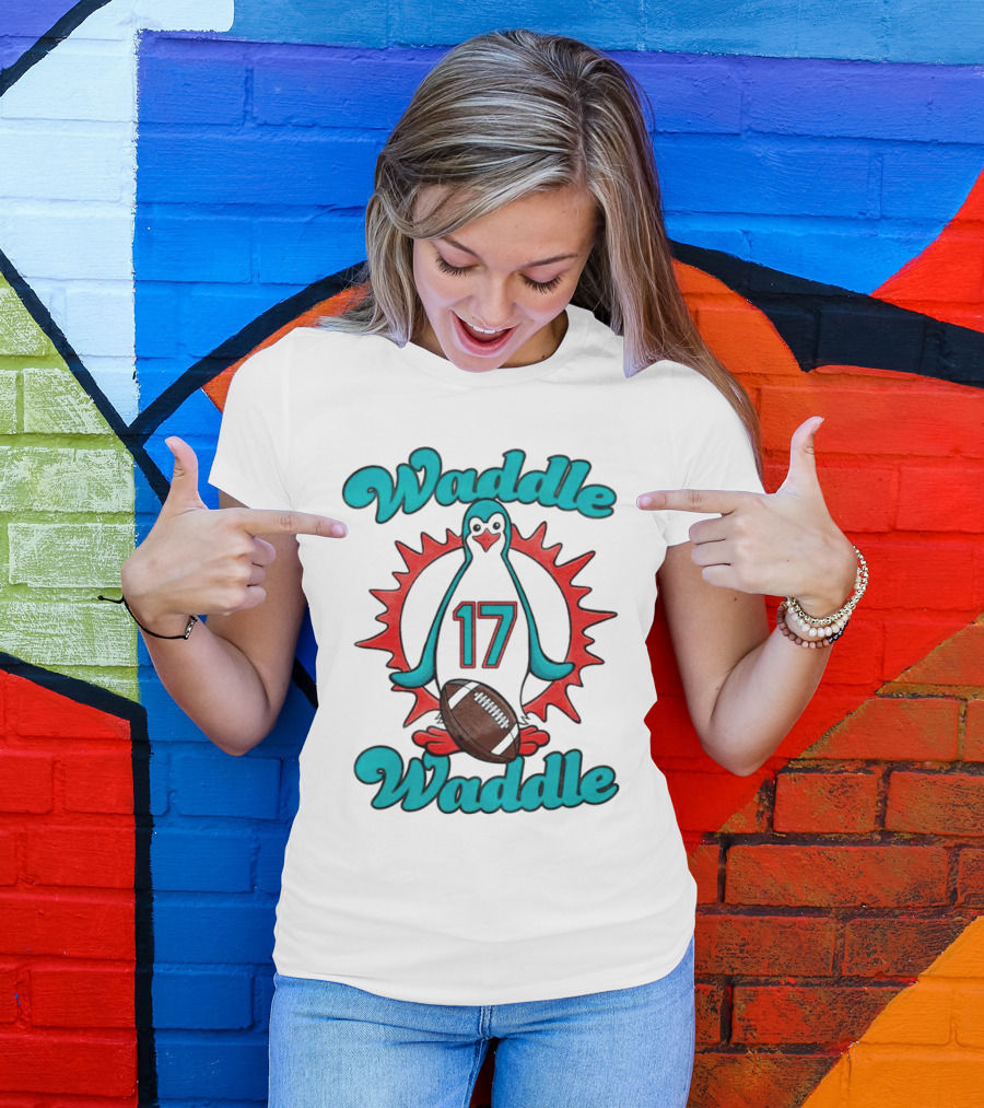 Waddle Waddle 17 Miami Dolphin Football Penguin T-Shirt