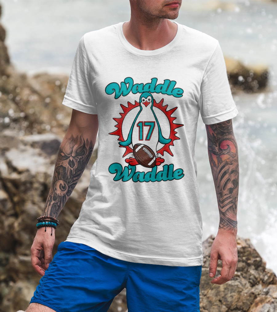 Waddle Waddle 17 Miami Dolphin Football Penguin T-Shirt