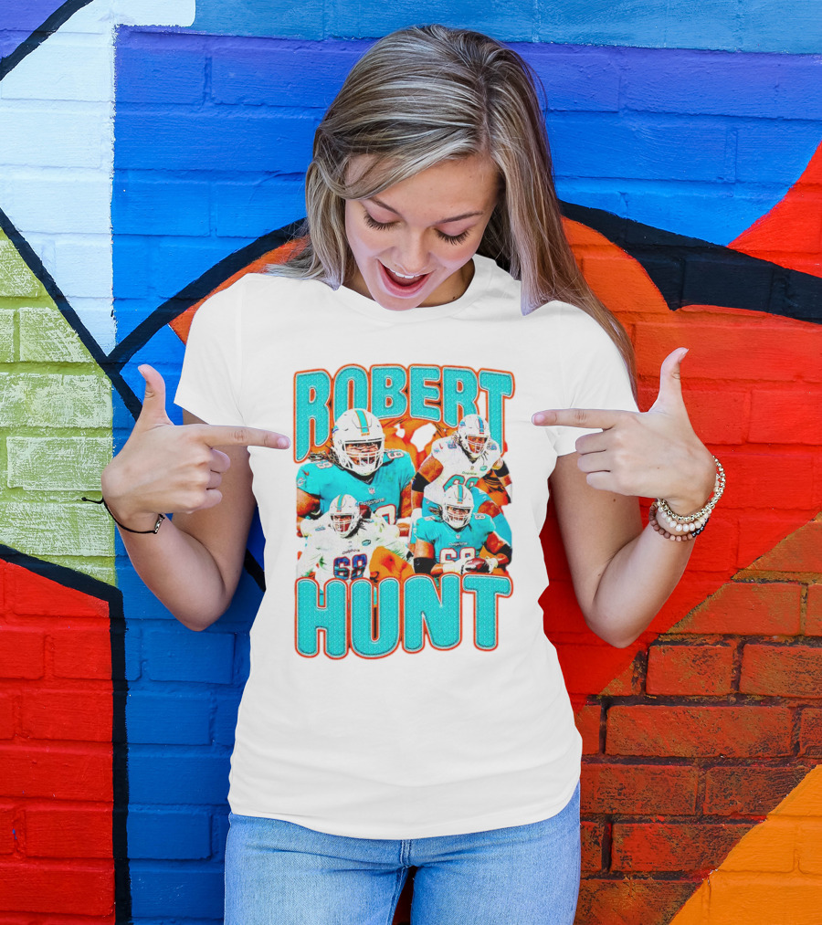 Robert Hunt Miami Dolphins 68 Vintage Football Collage T-Shirt