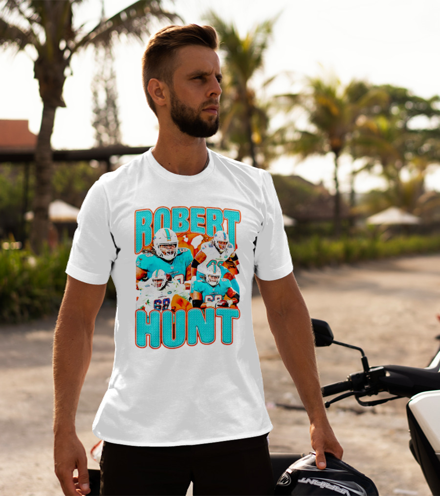 Robert Hunt Miami Dolphins 68 Vintage Football Collage T-Shirt