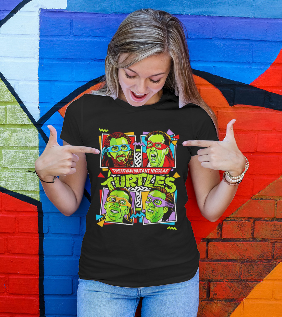 Thespian Mutant Nicolas Turtles Nicolas Cage And Teenage Mutant Ninja Turtles Faces With Colorful Masks T-Shirt