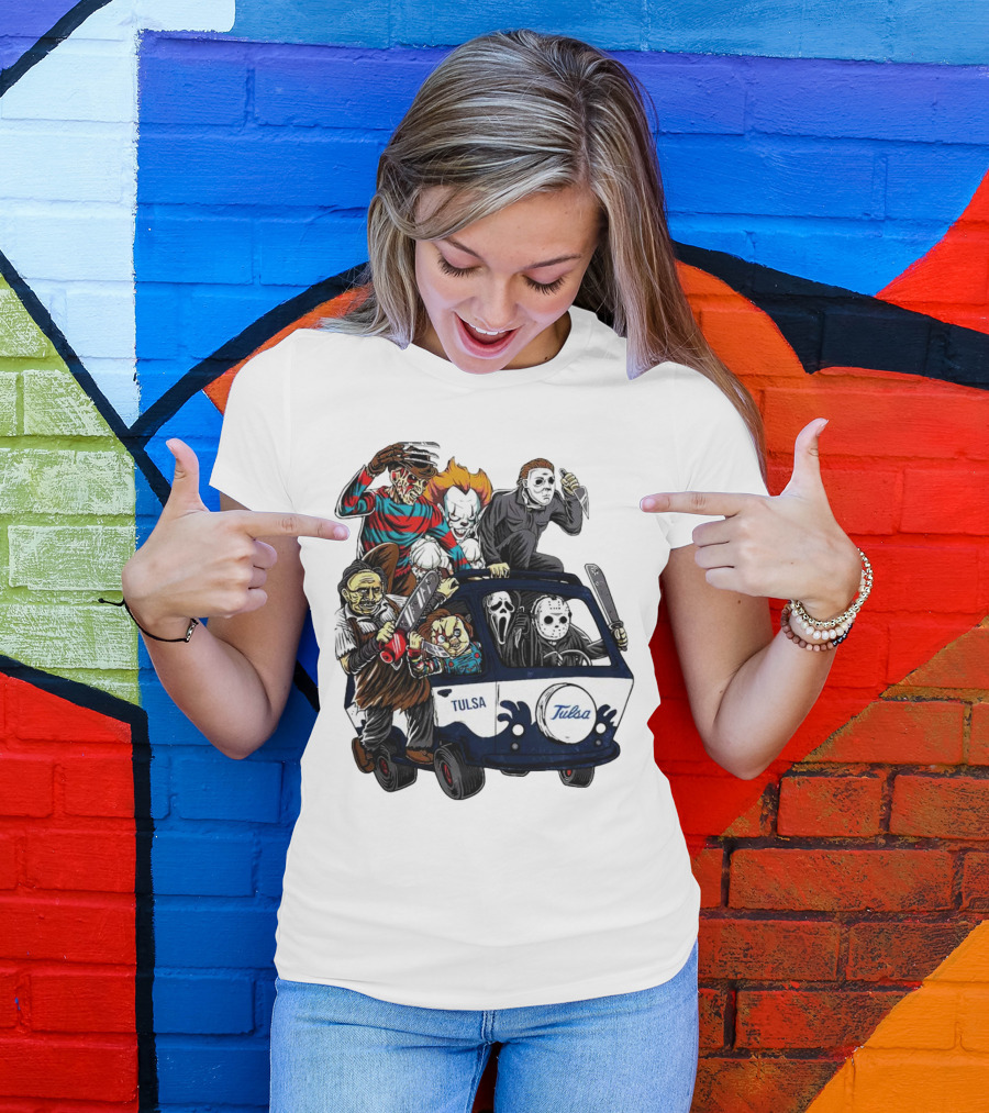 Tulsa Golden Hurricane Halloween Horror Characters Bus T-Shirt