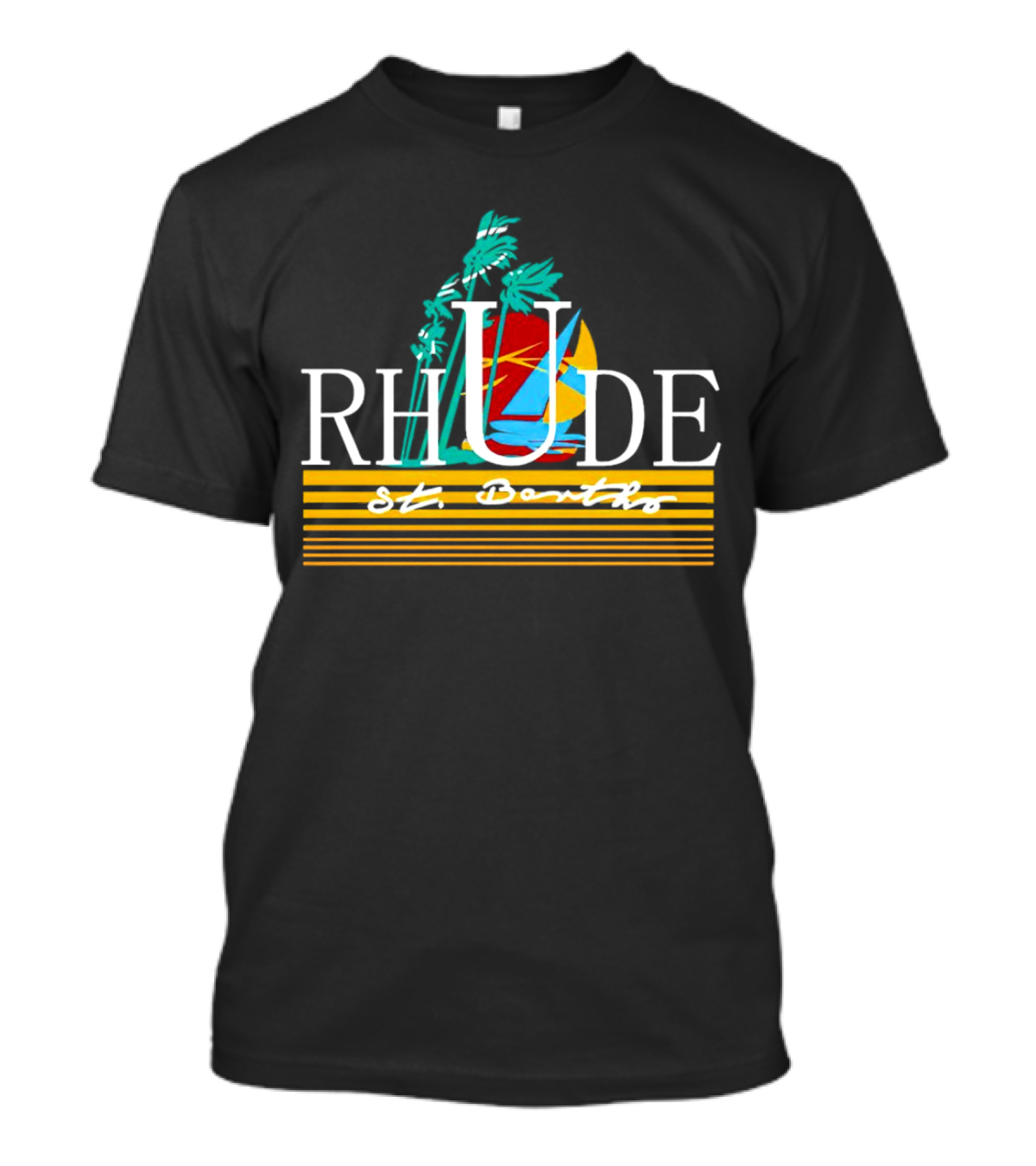 Rhude St Barths Vibrant Tropical Sailboat And Palm Trees T-Shirt