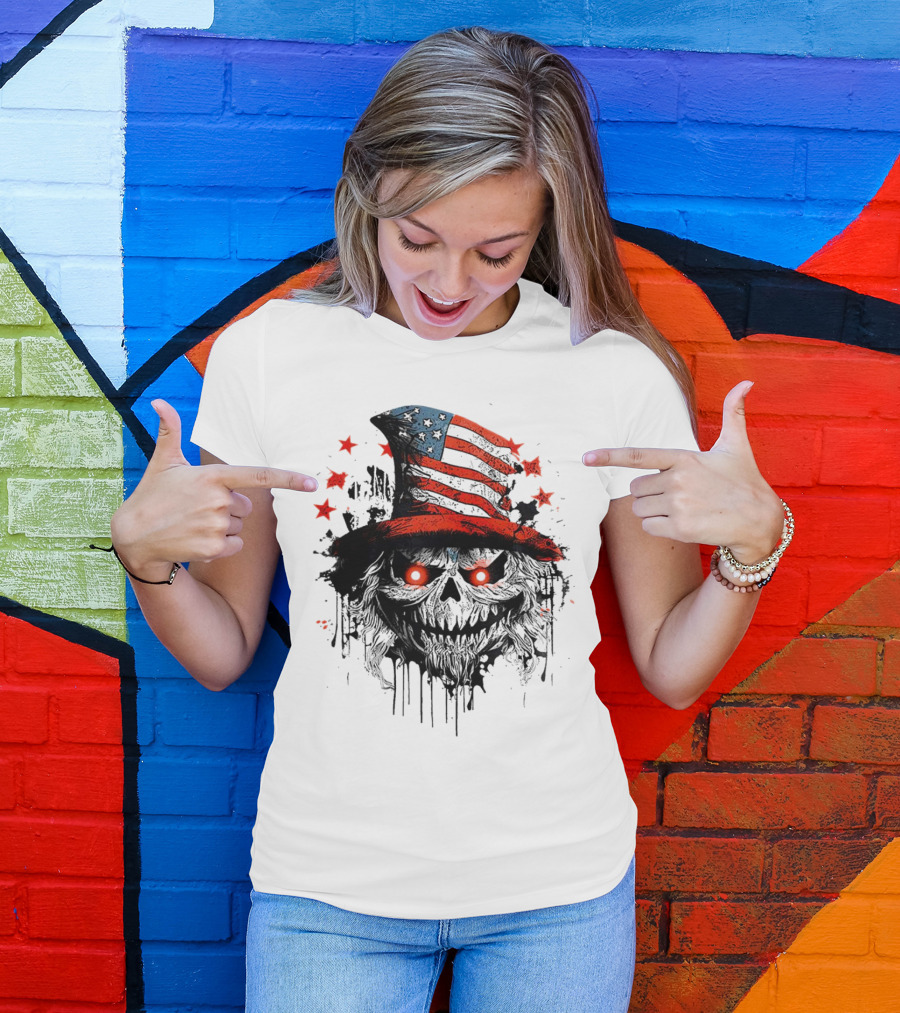 Creepy Uncle Sam Skeleton Skull Hat Dripping Red Eyes Halloween T-Shirt