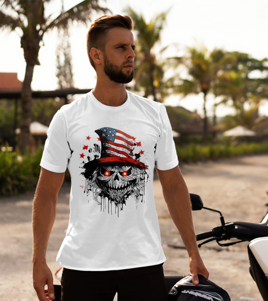 Creepy Uncle Sam Skeleton Skull Hat Dripping Red Eyes Halloween T-Shirt