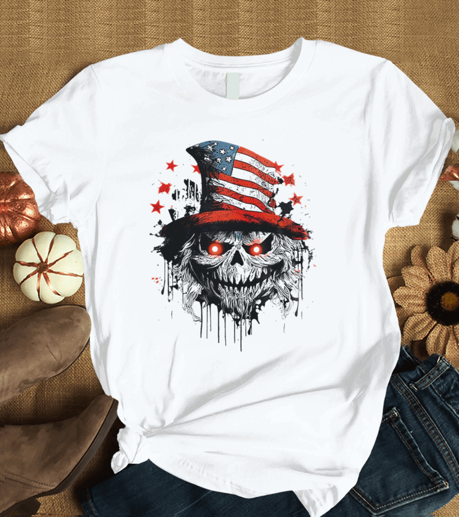 Creepy Uncle Sam Skeleton Skull Hat Dripping Red Eyes Halloween T-Shirt