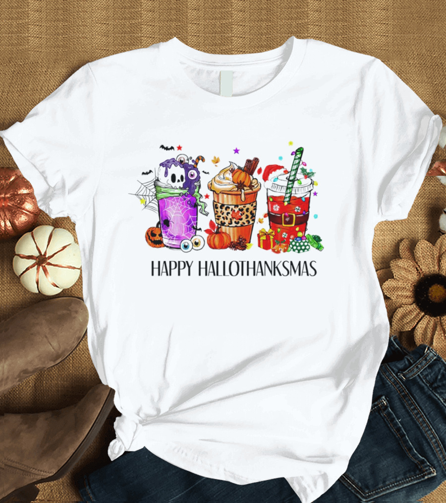 Happy Hallothanksmas With Spooky Fall And Festive Latte Trio T-Shirt