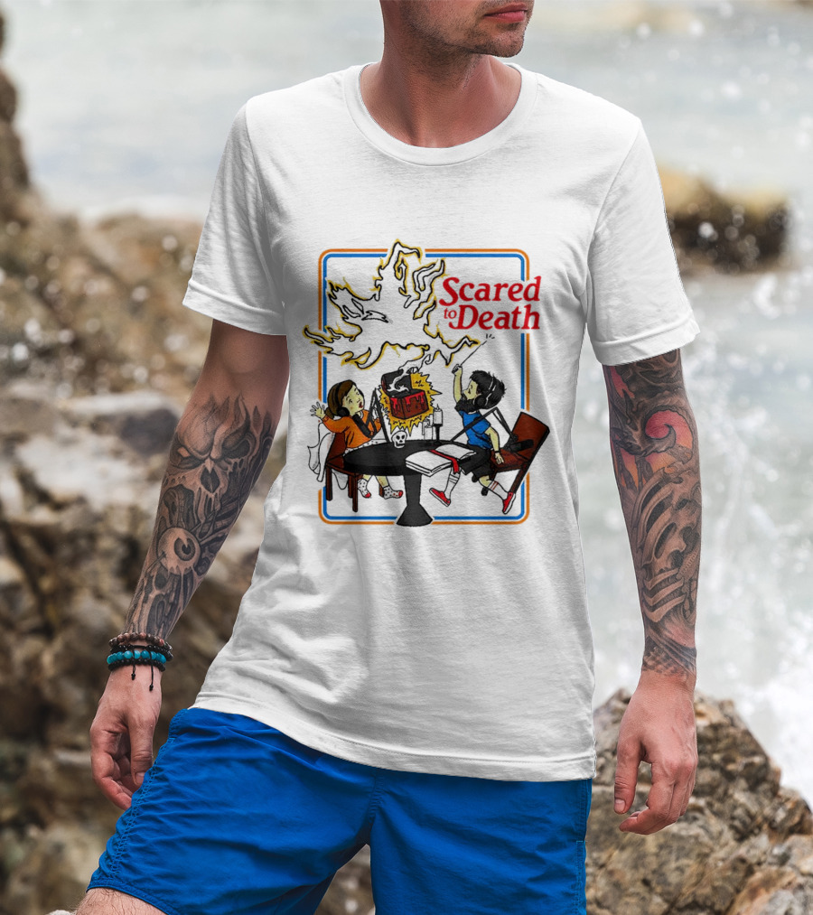 Scared To Death Podcast Horror Theme Two Hosts With Headphones Ghostly Flames T-Shirt