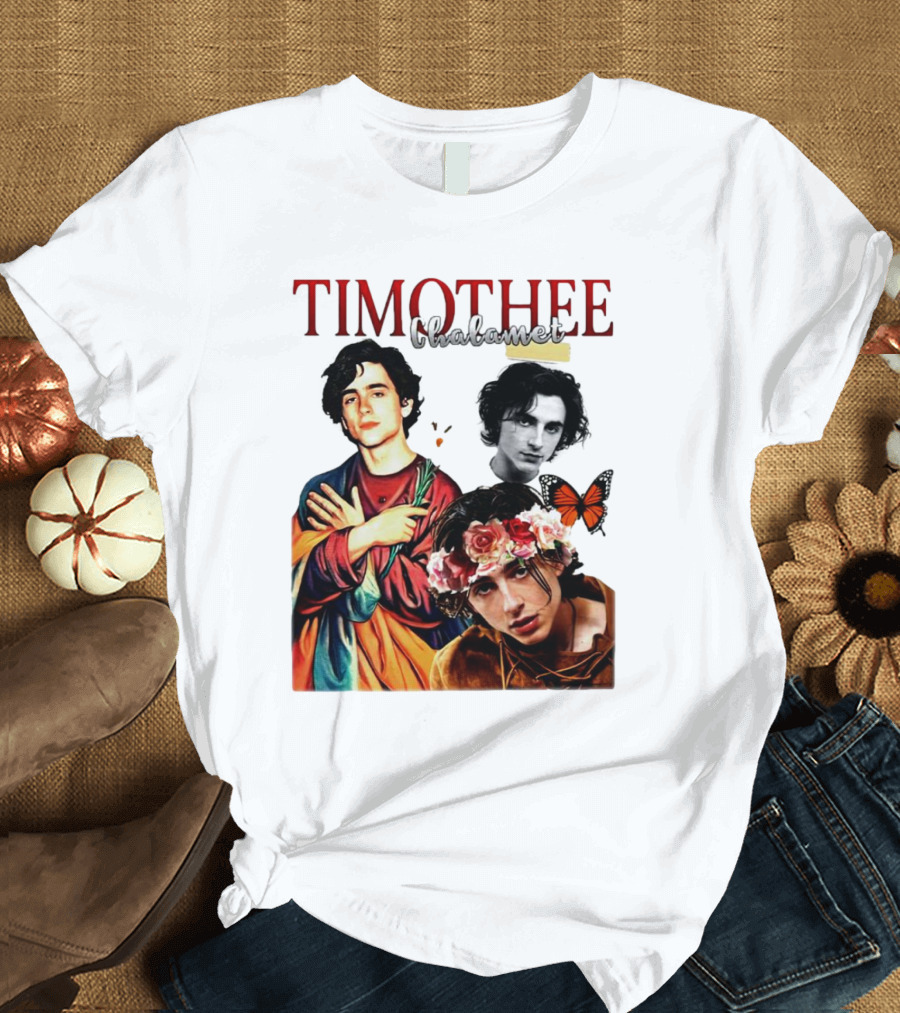 Timothee Chalamet Artistic Collage With Flowers And Butterfly T-Shirt