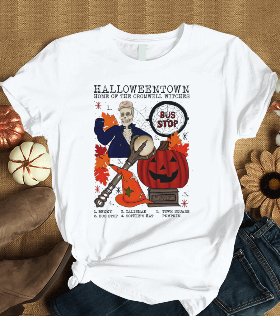 Halloweentown Home Of The Cromwell Witches Skeleton With Sophie’s Hat And Town Square Pumpkin T-Shirt