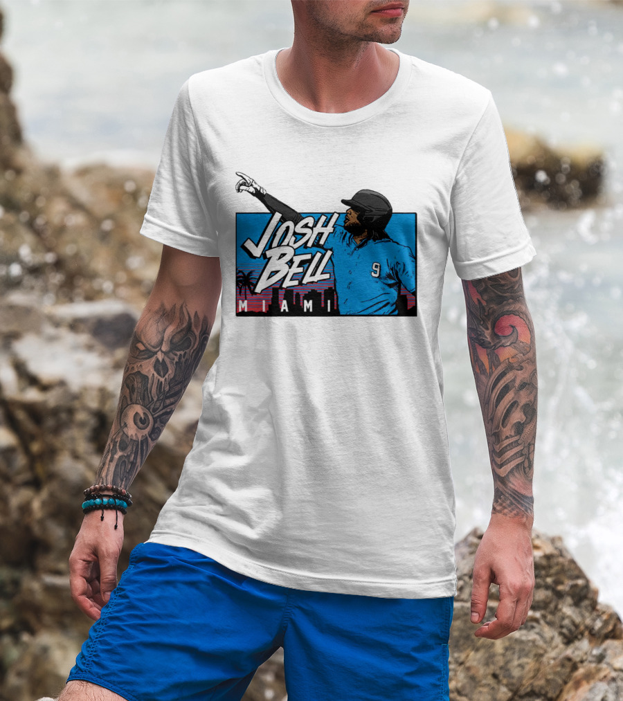 Josh Bell Miami Skyline Baseball Sunset T-Shirt