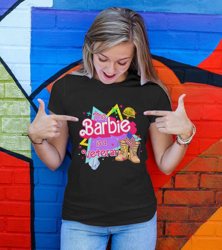 This Barbie Is A Veteran Boots American Flag Helmet Stars Background T-Shirt