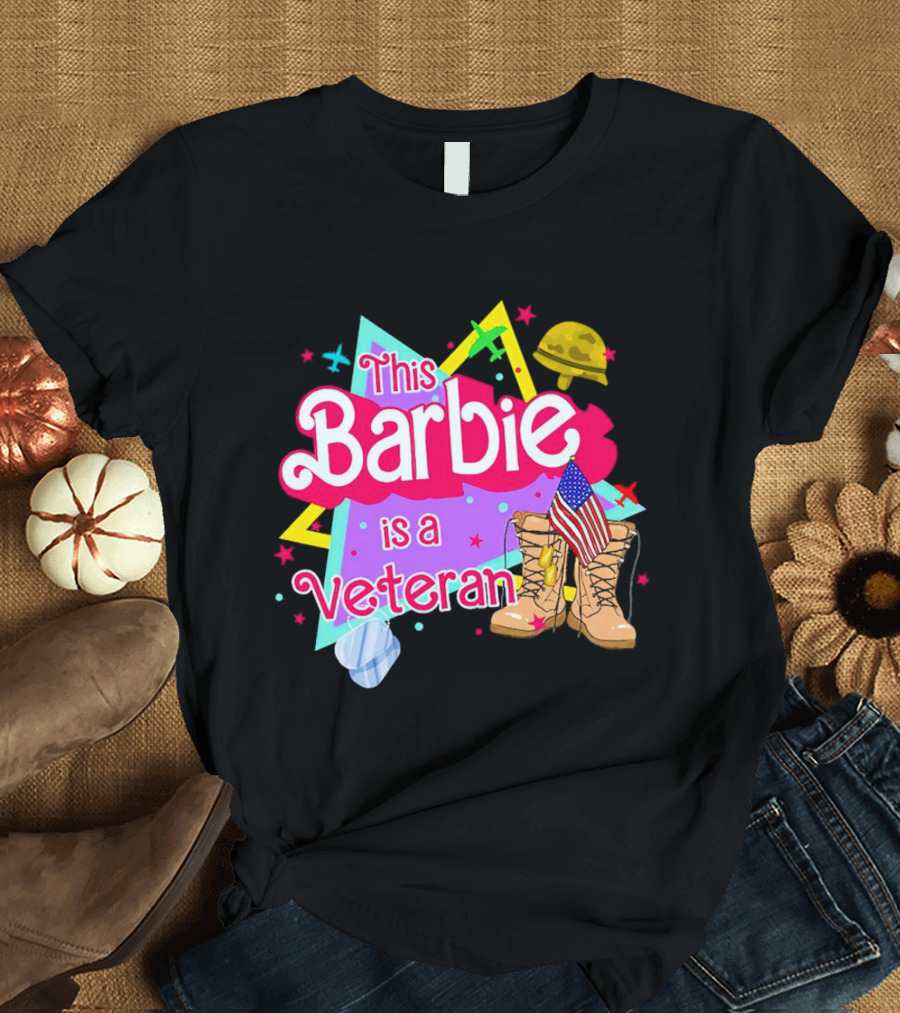 This Barbie Is A Veteran Boots American Flag Helmet Stars Background T-Shirt