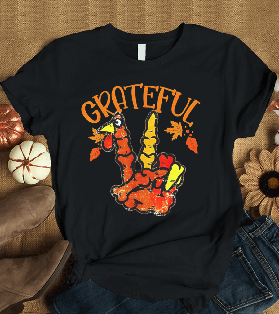 Grateful Thanksgiving Turkey Peace Hand Sign With Autumn Leaves T-Shirt