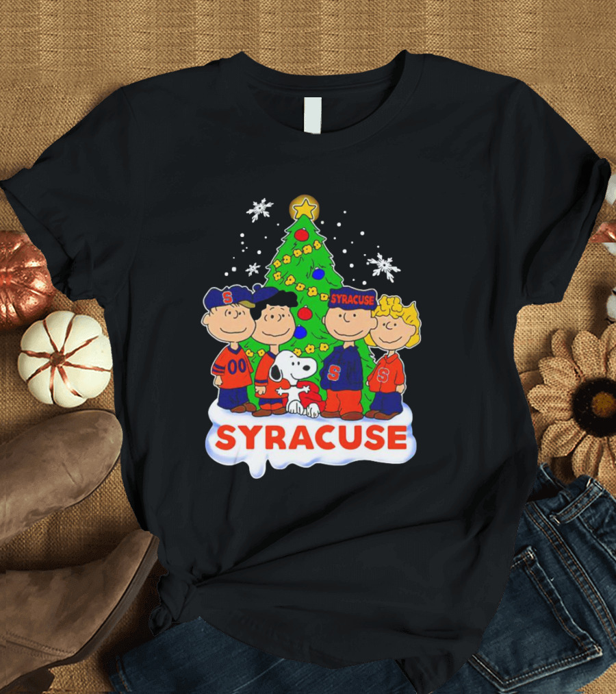 Peanuts Characters Christmas Tree Syracuse Orange Football Snowflakes T-Shirt