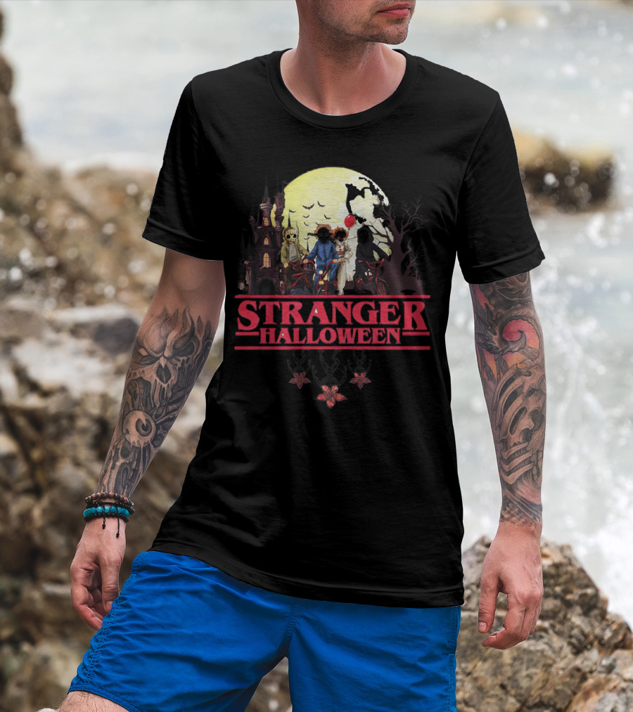 Stranger Halloween Full Moon Scary Characters Horror Movie Background T-Shirt
