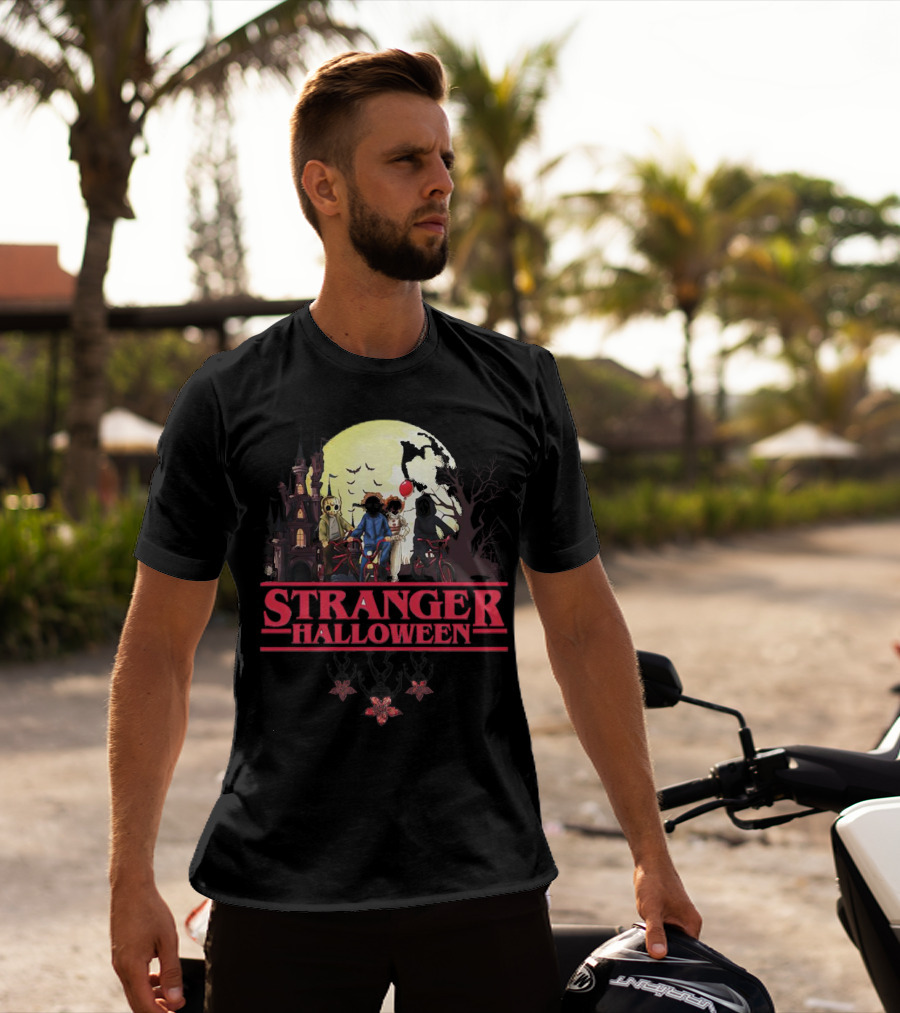 Stranger Halloween Full Moon Scary Characters Horror Movie Background T-Shirt