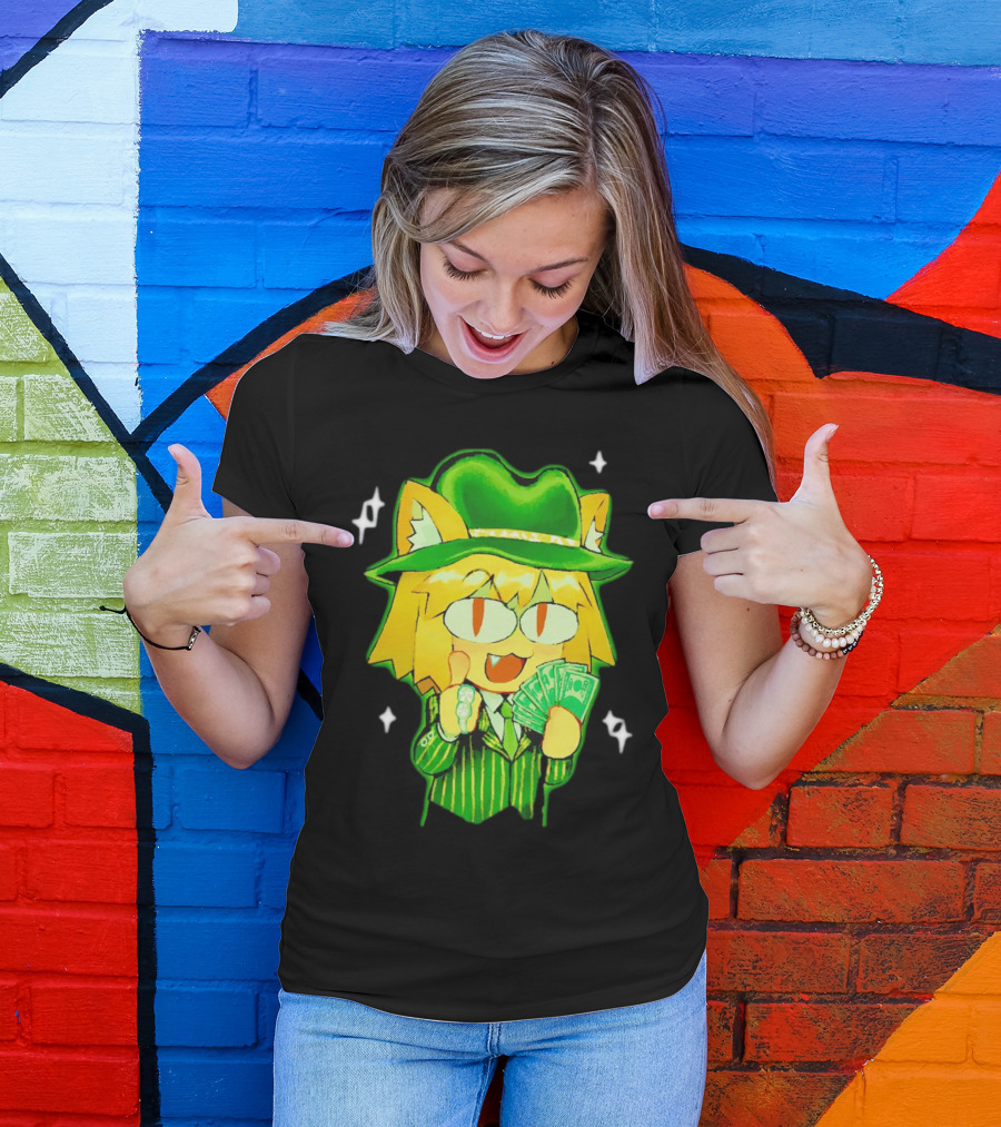 Sunny Waifu Gangster Neco-Arc Anime Cat Character With Money And Green Hat T-Shirt