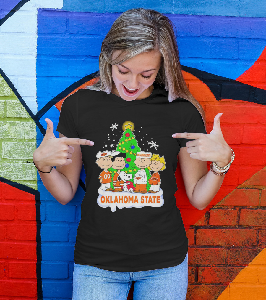 Peanuts Oklahoma State Cowboys Christmas Tree Snoopy Charlie Brown Lucy Peppermint Patty T-Shirt