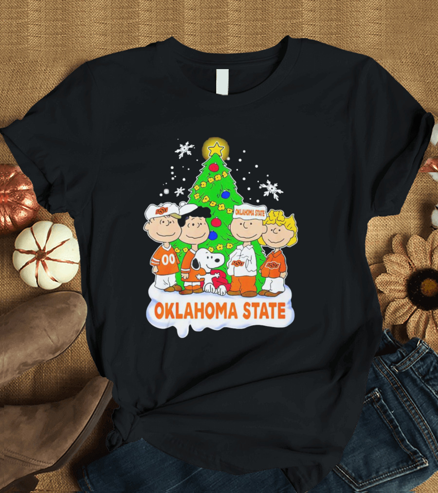 Peanuts Oklahoma State Cowboys Christmas Tree Snoopy Charlie Brown Lucy Peppermint Patty T-Shirt