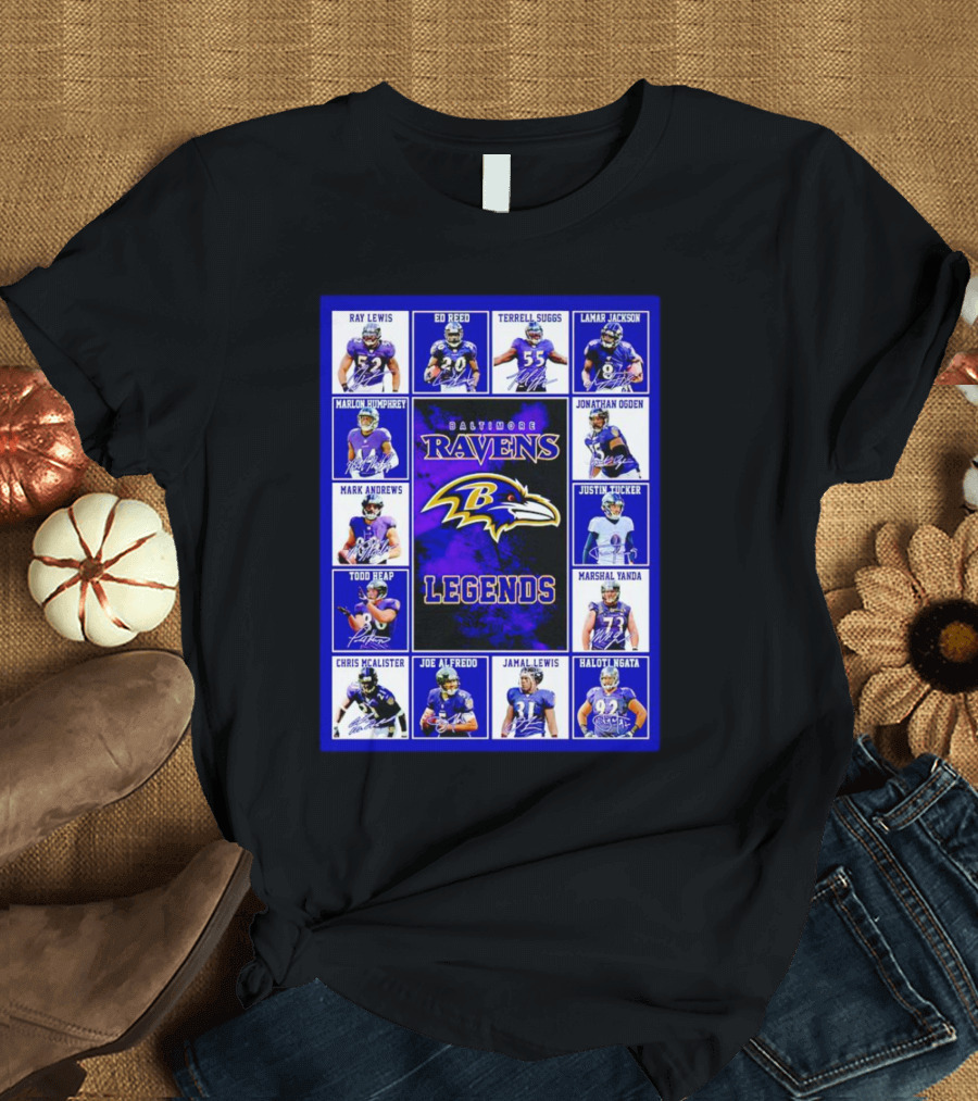 Baltimore Ravens Legends Ray Lewis Ed Reed Lamar Jackson Signature Collection T-Shirt