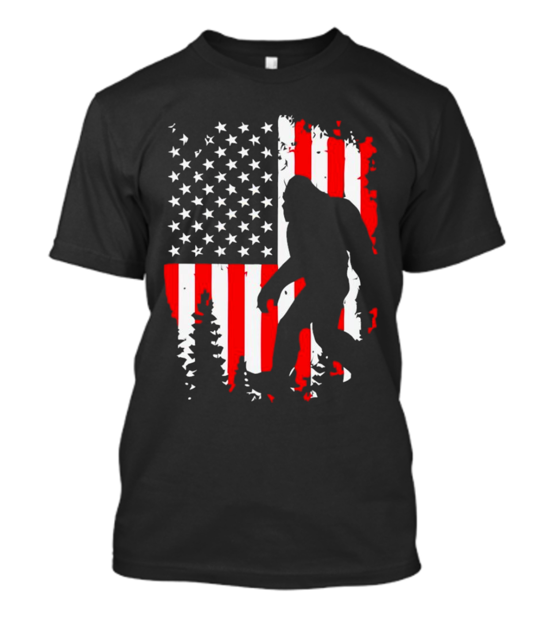 Bigfoot Silhouette With American Flag Background T-Shirt